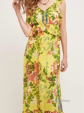 Tracy Reese Yellow Floral Maxi Dress with Ruffle Details